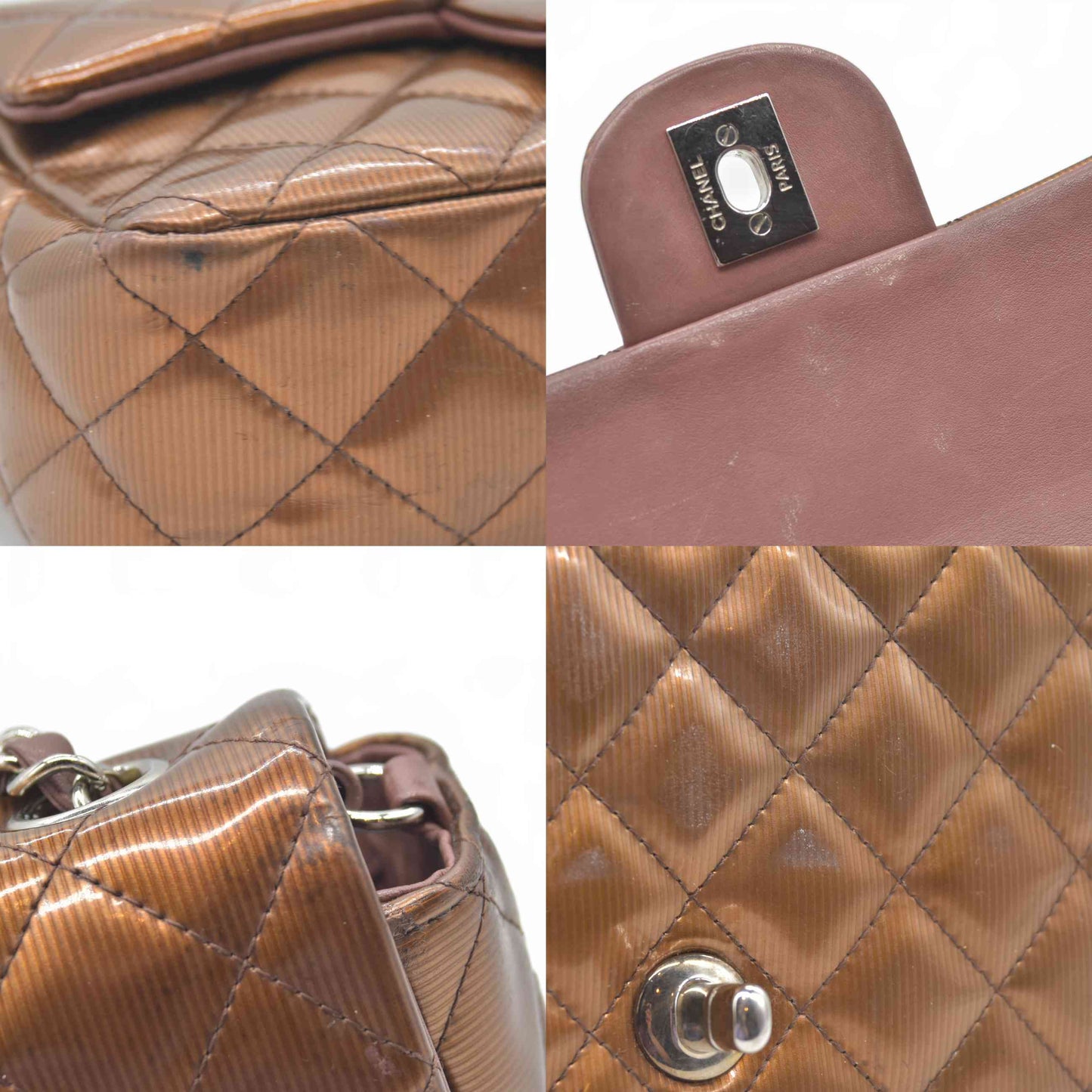 $5200 2013 Chanel Patent Calfskin Quilted Mini Rectangular Flap Bronze Metallic