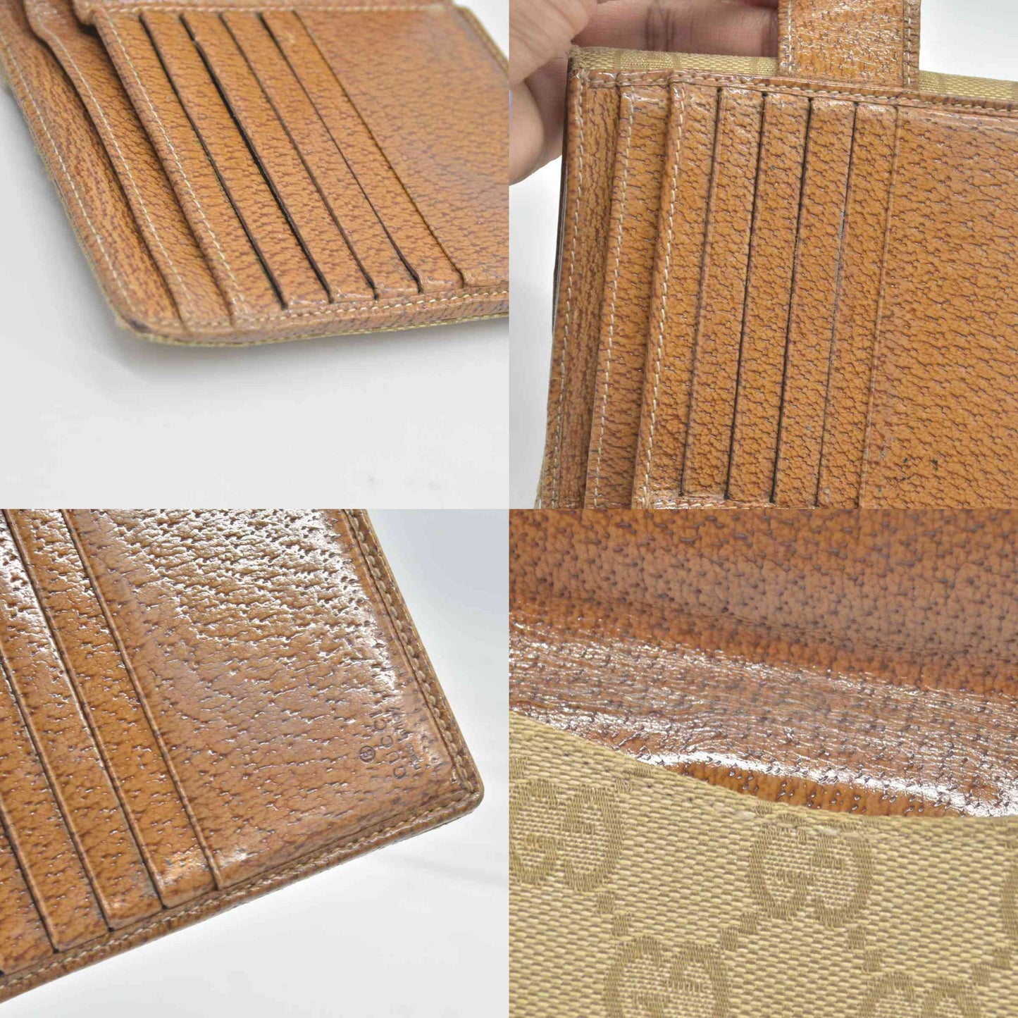 $420 Gucci Gucci Beige/Brown GG Canvas Nailhead Compact Wallet CONSIGNMENT