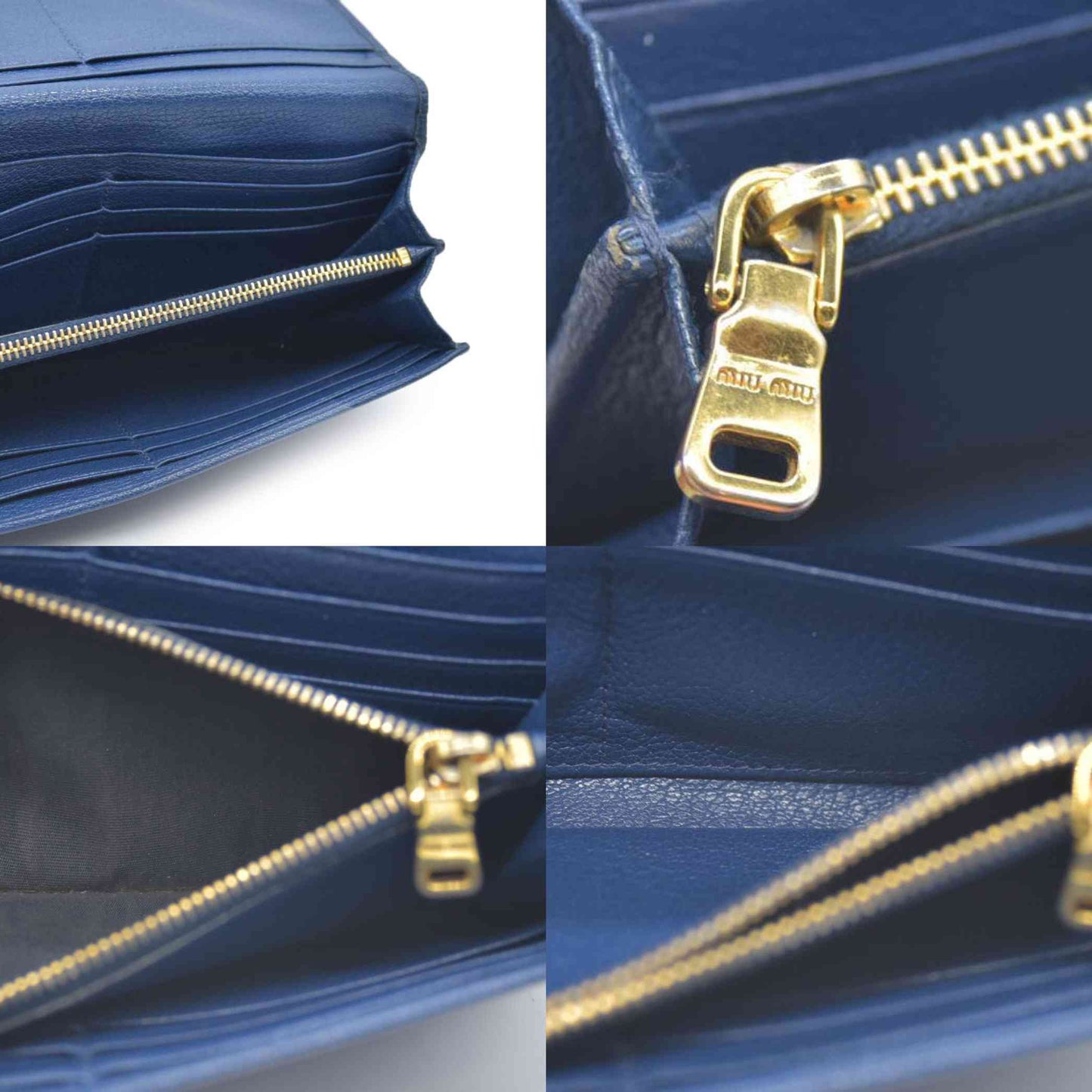 MIU MIU Logo Madras Leather Long Bifold Wallet Blue