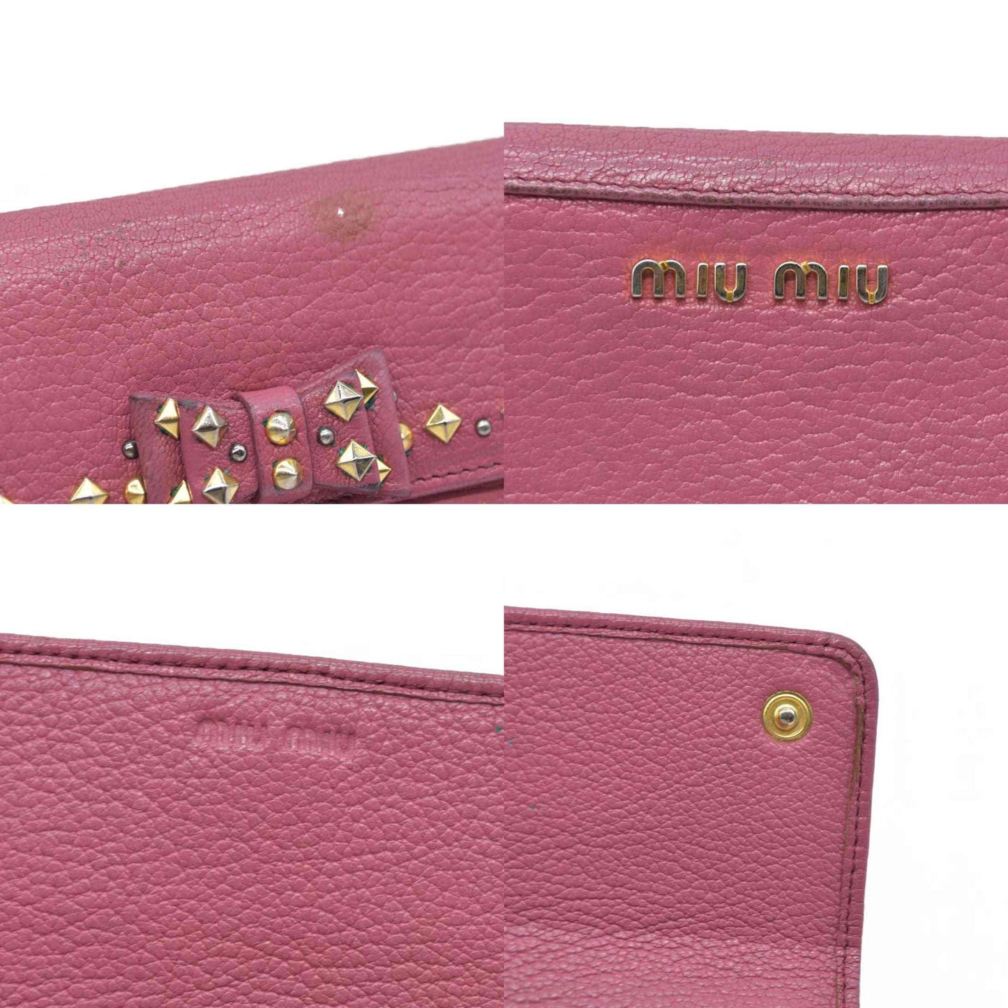 MIU MIU Ribbon Studs Leather Long Bifold Wallet Pink