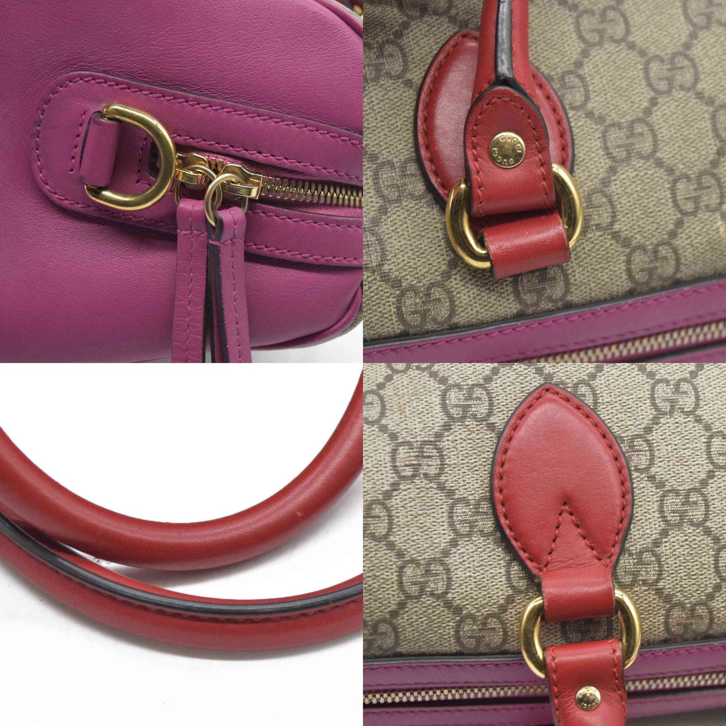 $2980 Gucci GG Supreme Monogram Moon Calfskin Small Boston Beige Ebony Hibiscus Red New Rosette