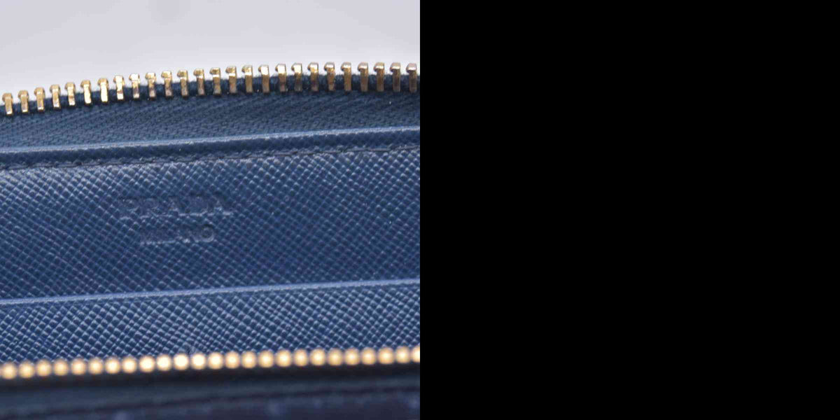 $790 PRADA Saffiano Metal Logo Zip Around Long Wallet Blue CONSIGNMENT 10021520