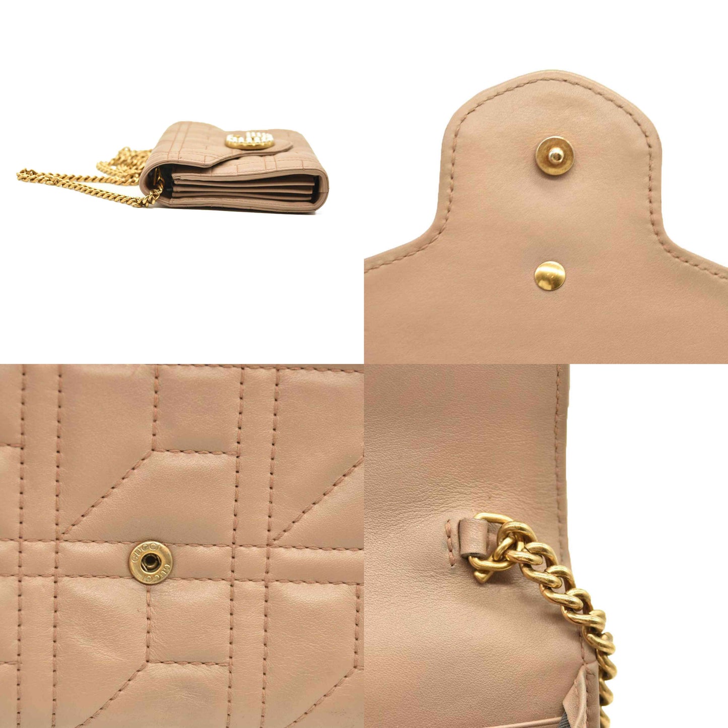 Gucci  Calfskin Matelasse Mini Pearly GG Marmont Chain Wallet Beige