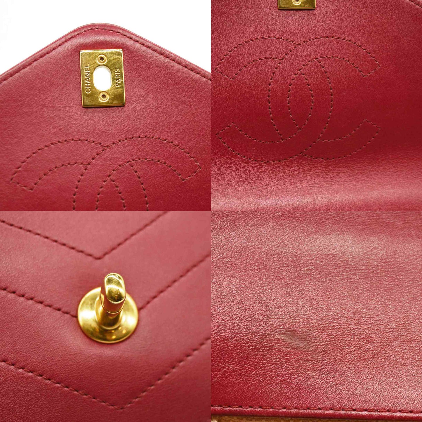 CHANEL  Calfskin Chevron Stitched Small Coco Flap Bag Red