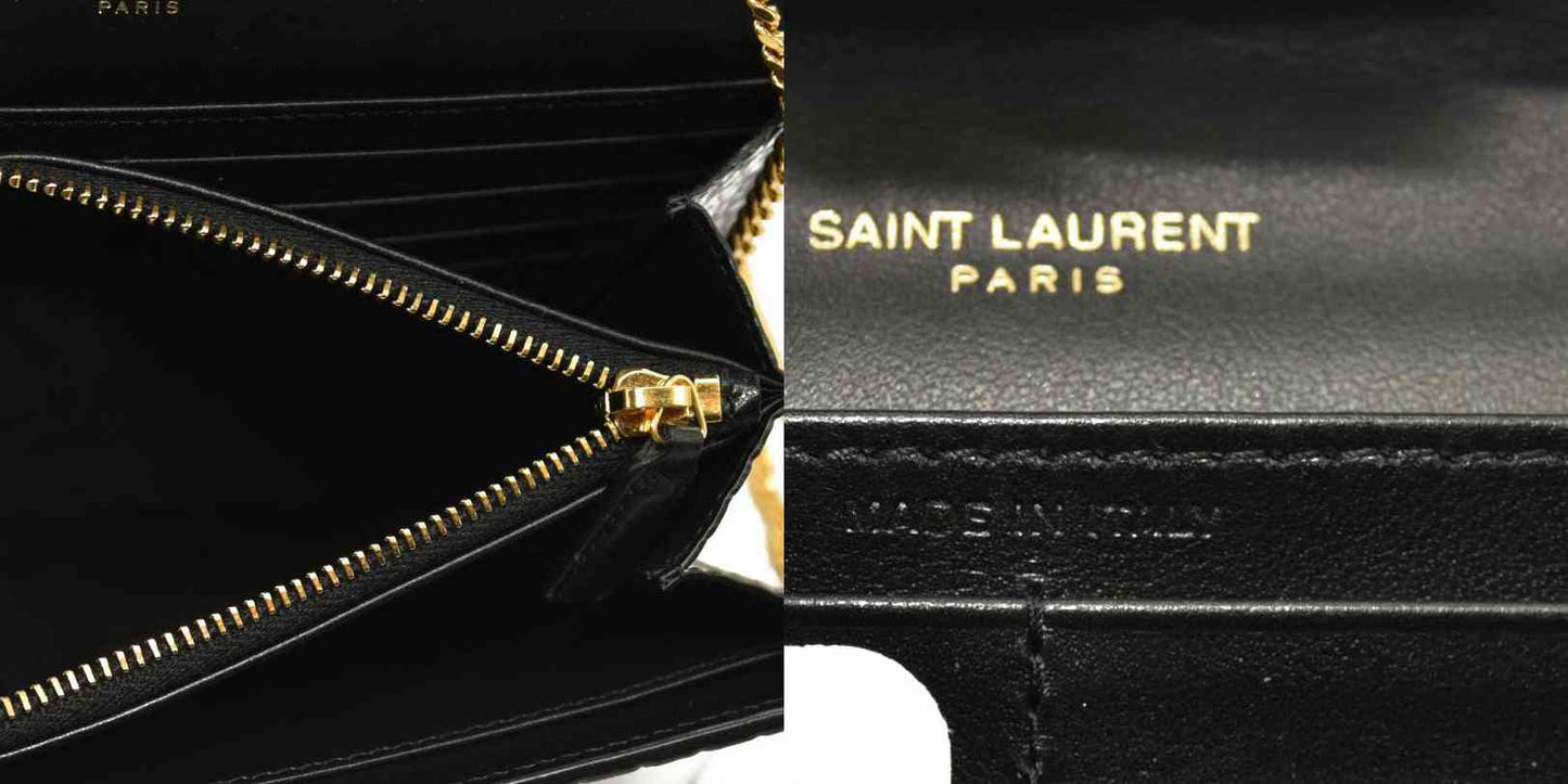 SAINT LAURENT PARIS Saint Laurent Black Croc Embossed Leather Monogram Wallet On Chain