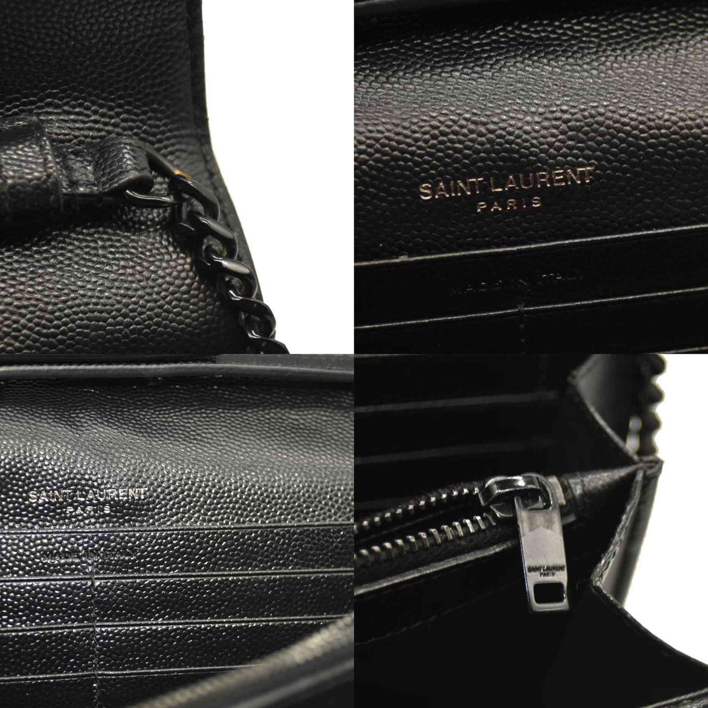 Saint Laurent  Grain De Poudre Matelasse Chevron Monogram Monochrome Chain Wallet Black