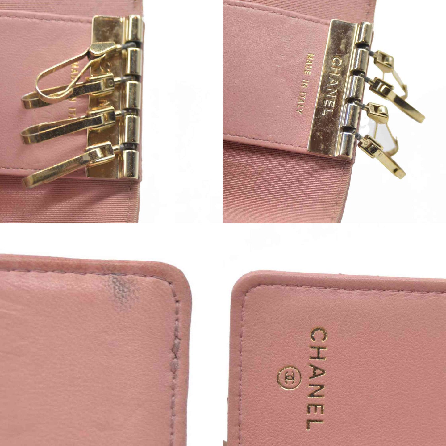 CHANEL $710 Quilted Matelasse CC Logo Lambskin 6 Ring Key Case Pink/7BH0171