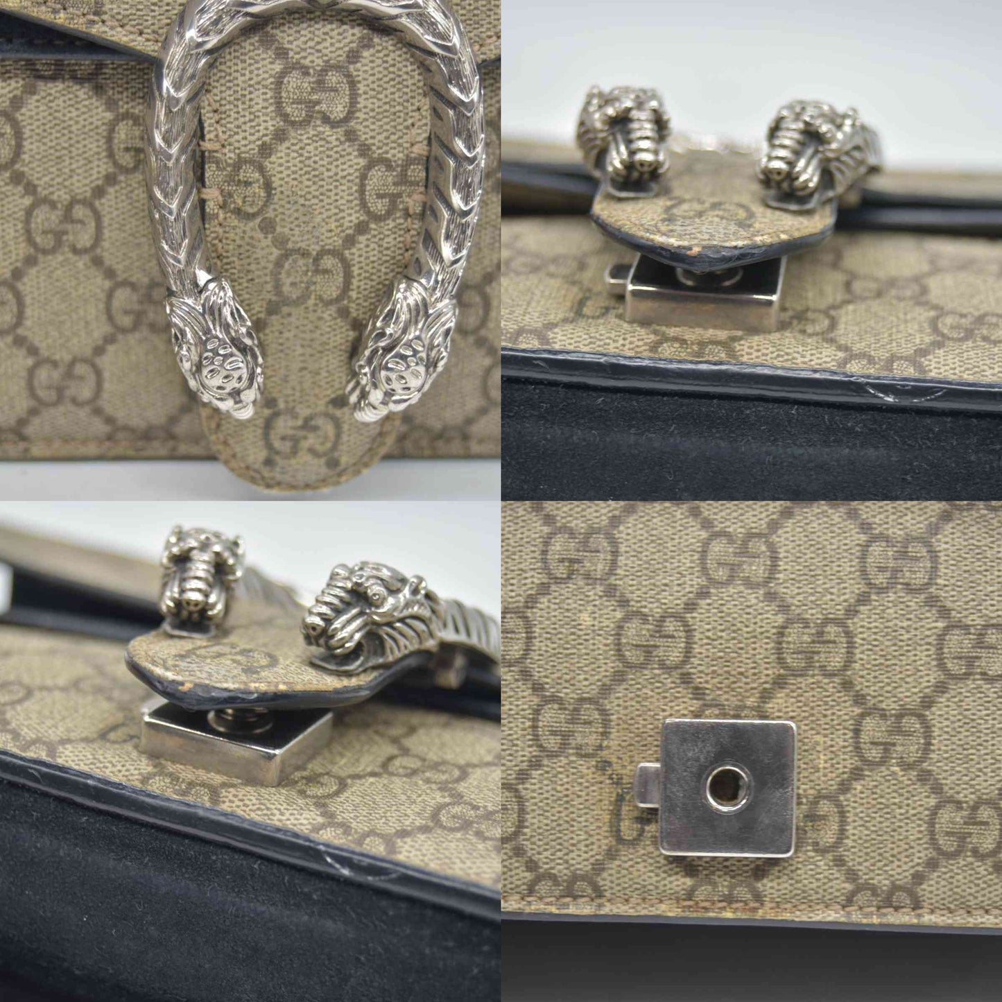 $3350 GUCCI GG Supreme Monogram Suede Small Dionysus Shoulder Bag Beige Black