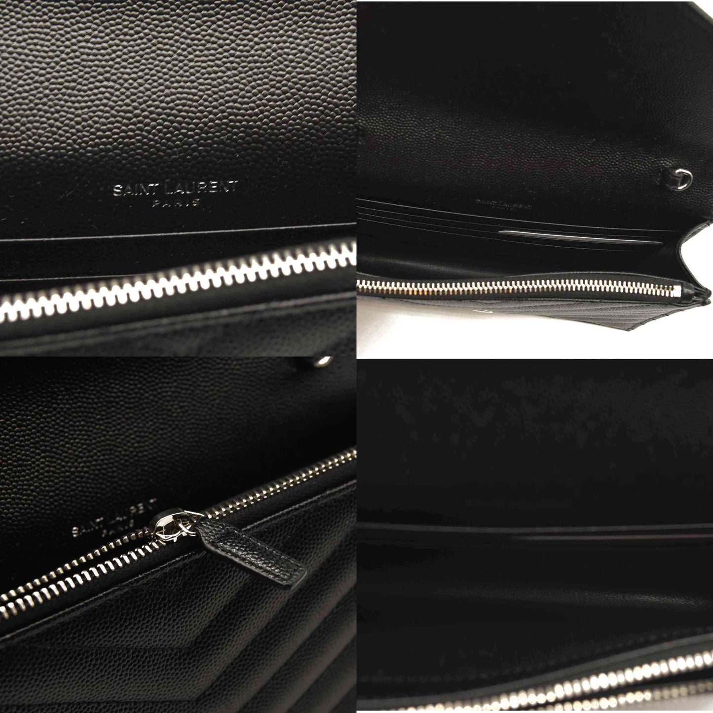 NEW SAINT LAURENT Grain De Poudre Matelasse Chevron Monogram Chain Wallet Black Silver