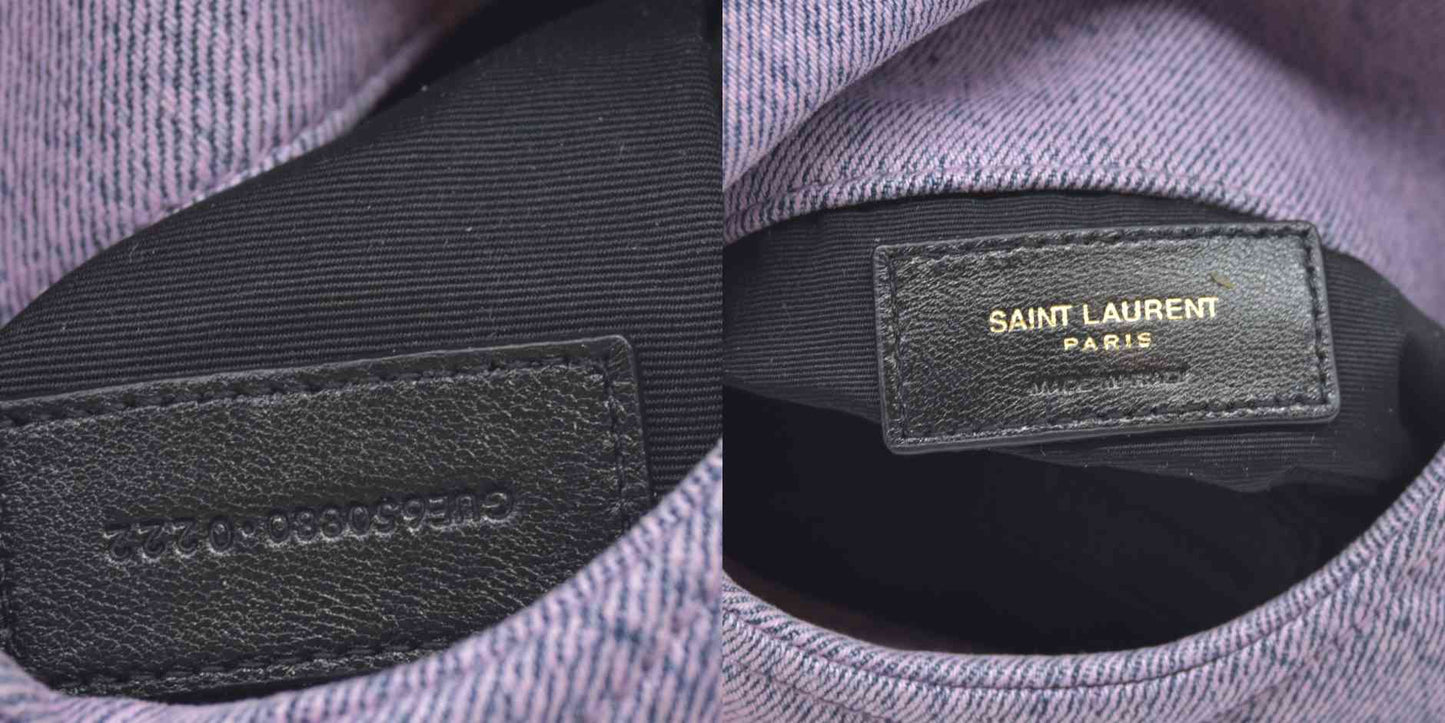2022 $1000 Saint Laurent Denim Quilted Loulou Puffer Monogram Pouch Clutch Bleached Lilac