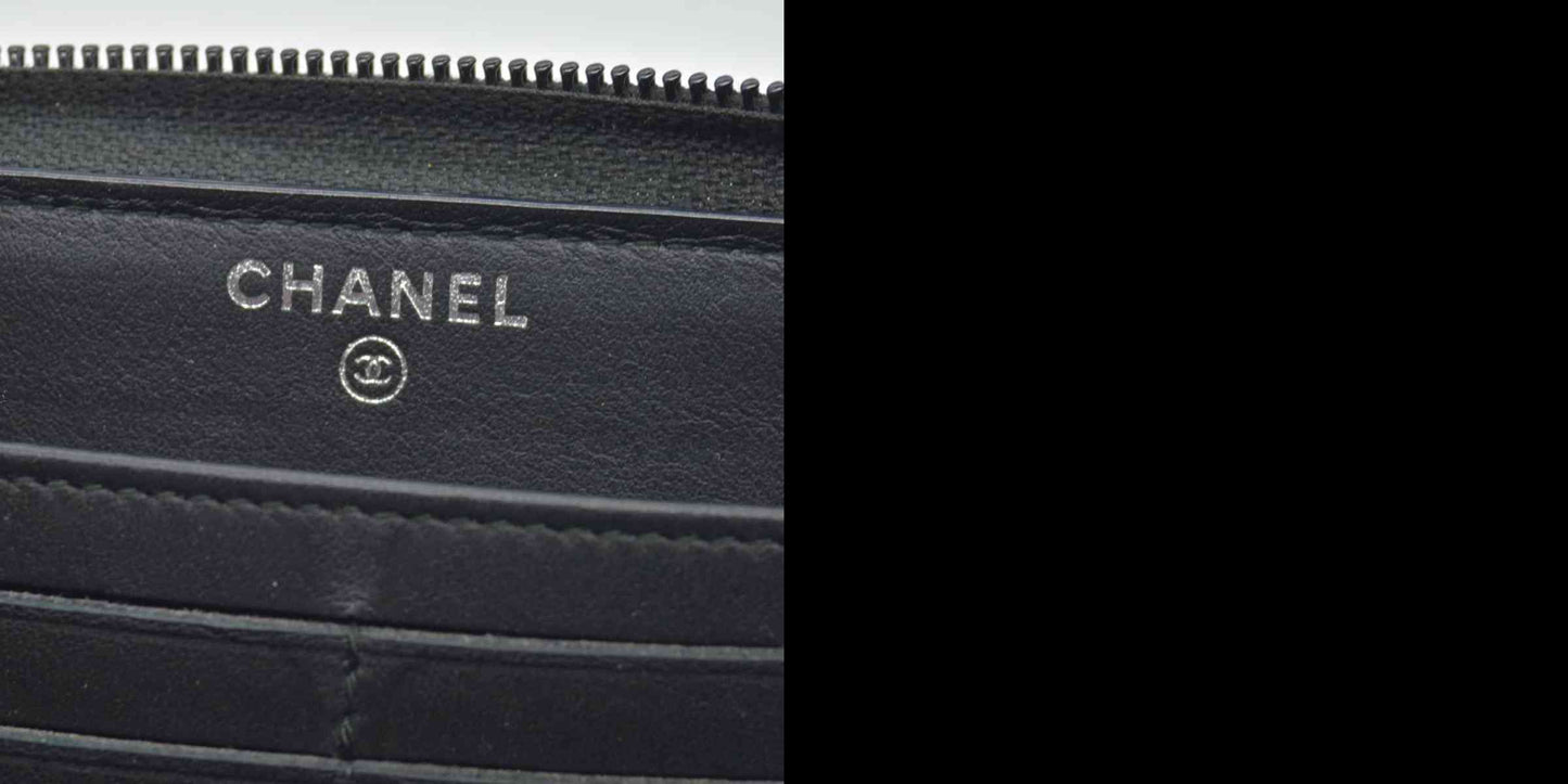 Chanel Calfskin Chevron Quilted Iridescent Zip Around Boy Wallet CONSIGNMENT