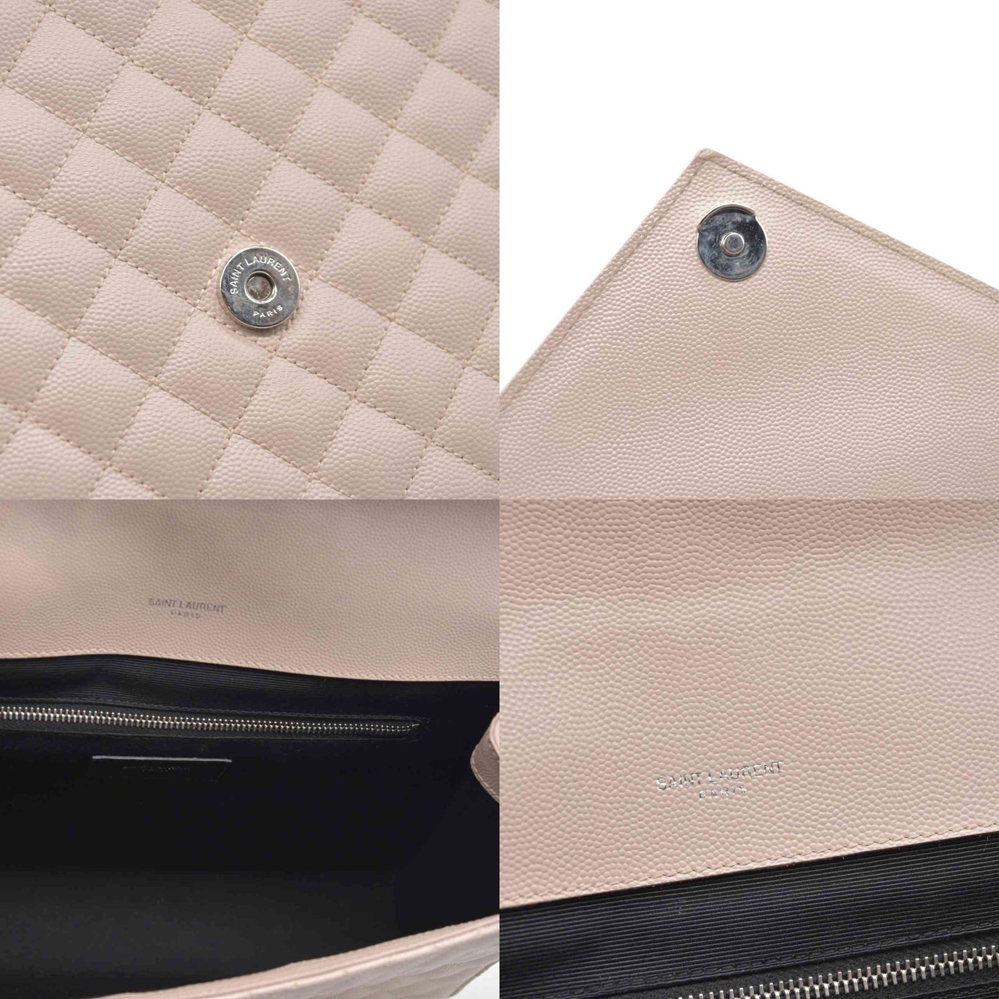 $3200 Saint Laurent Grain De Poudre Textured Mixed Matelasse Large Triquilt Monogram Satchel Light Pink