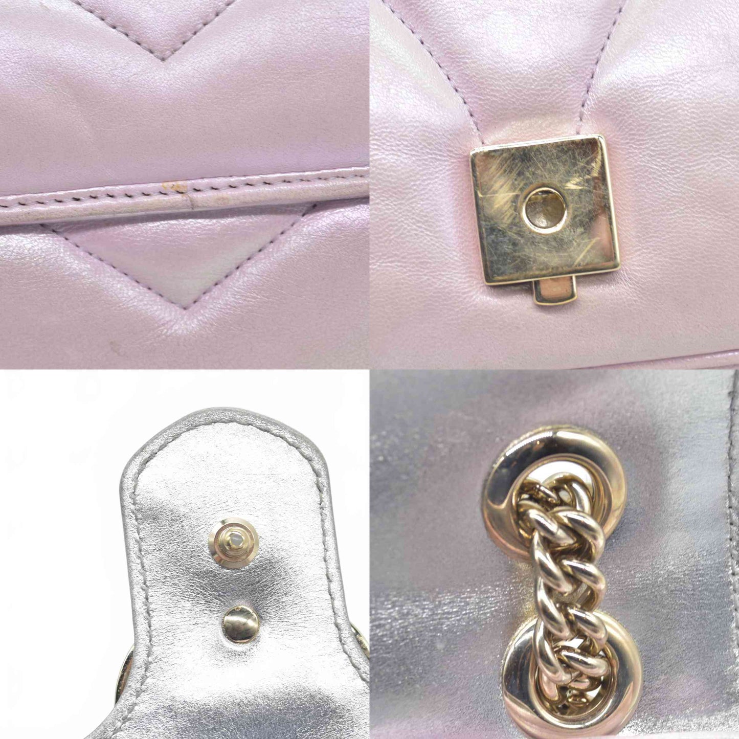 $3600 Gucci Iridescent Nappa Chevron Matelasse Small GG Marmont Shoulder Bag Iridescent Escape Pink