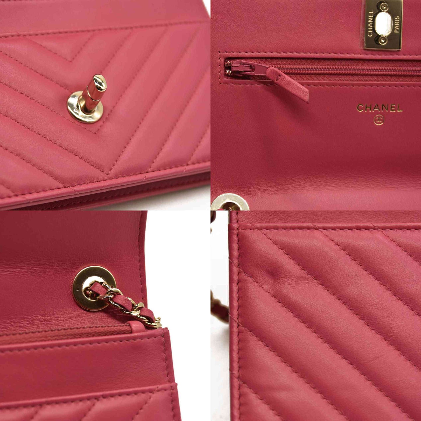 Chanel  Lambskin Chevron Quilted Trendy CC Wallet On Chain WOC Pink 28*