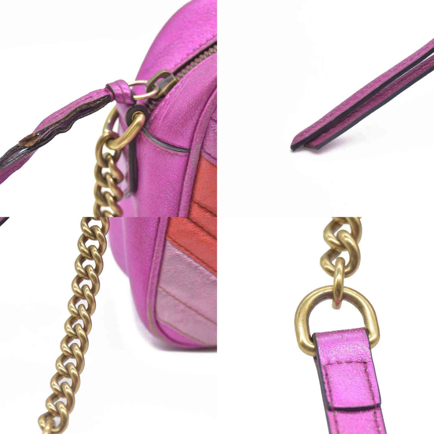 AUCTION $1950 Gucci  Laminated Nappa Matelasse Small GG Marmont Chain Shoulder Bag Fuxia Rosso Rosa