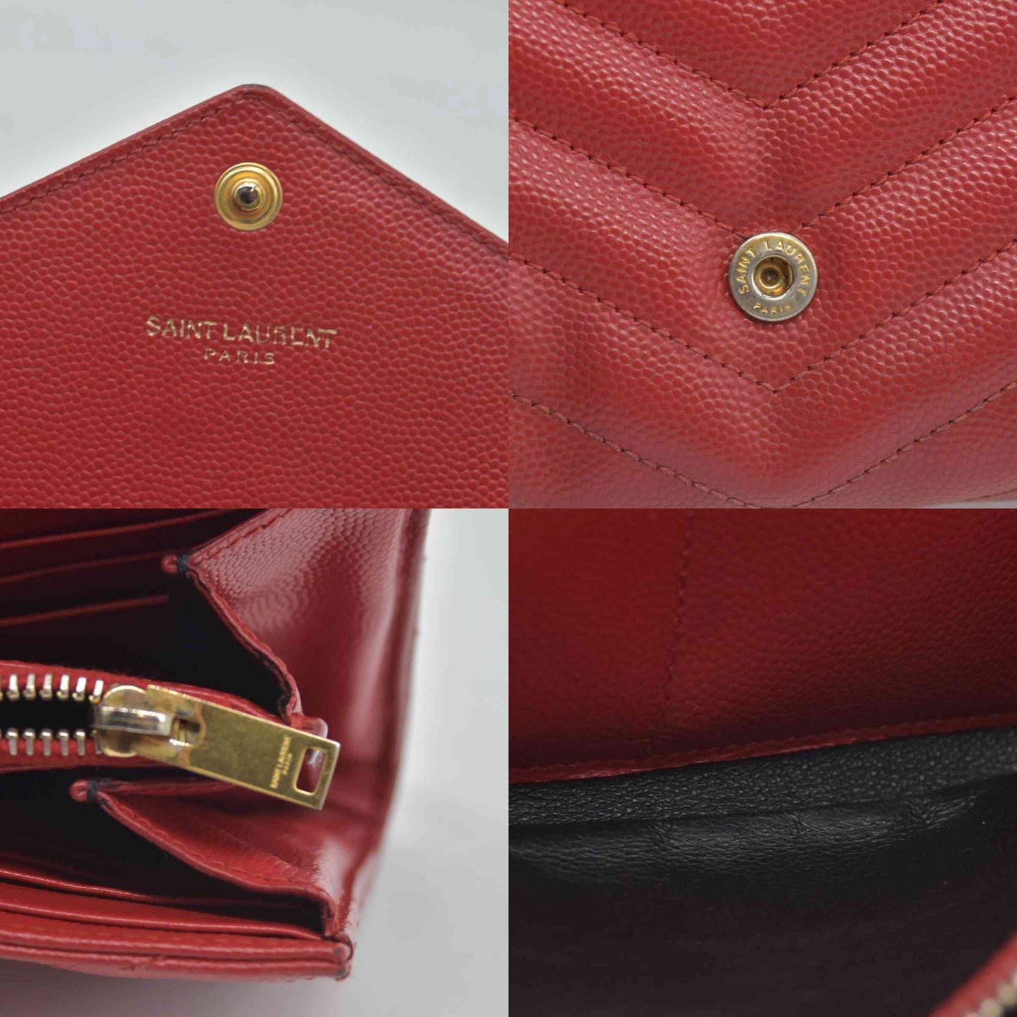 $750 Saint Laurent Grain De Poudre Matelasse Chevron Monogram Flap Wallet Red