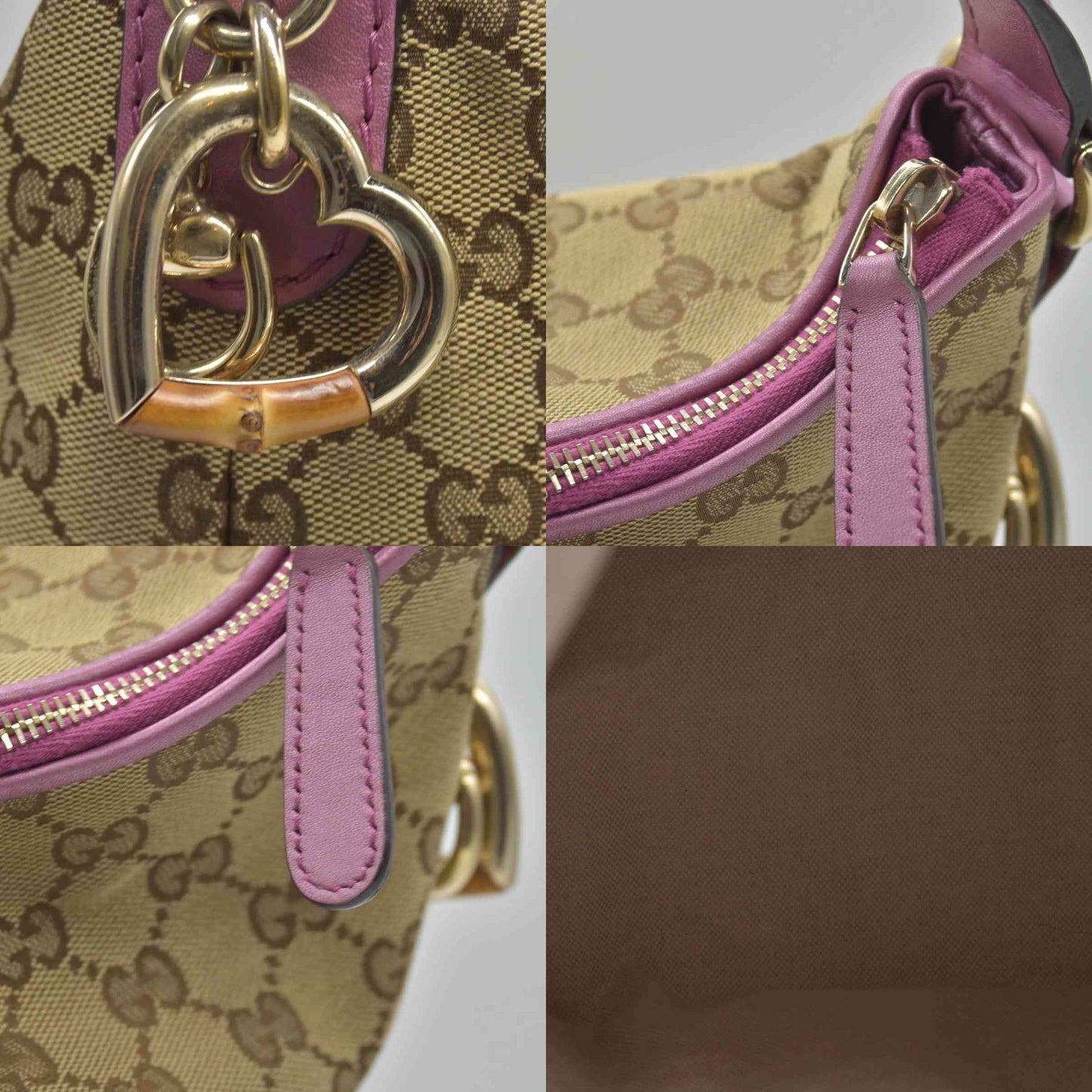 $1050 Gucci Beige Pink GG Canvas Heart-Bit Hobo Bag