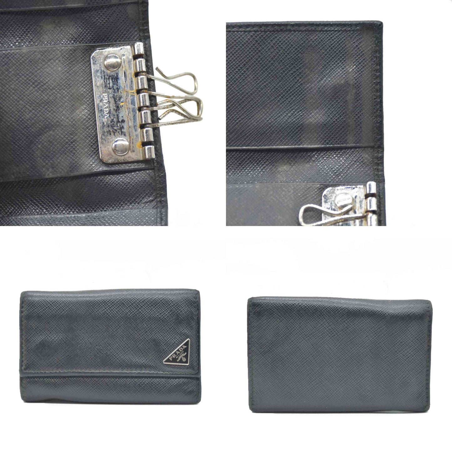 PRADA Logo Plate Saffiano Leather 6 Ring Key Case Black