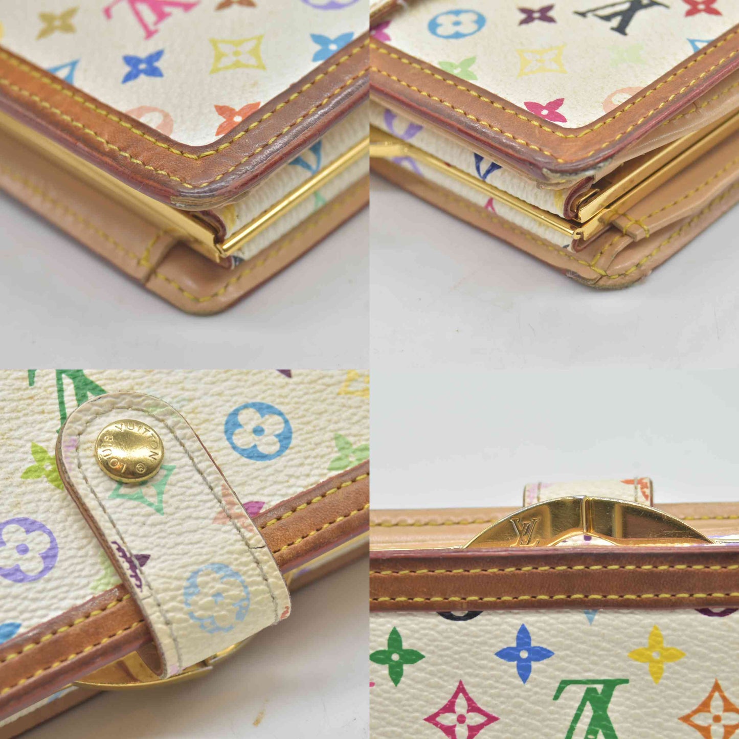$790 2005 Louis Vuitton Monogram Multicolor French Purse Wallet White TH0075