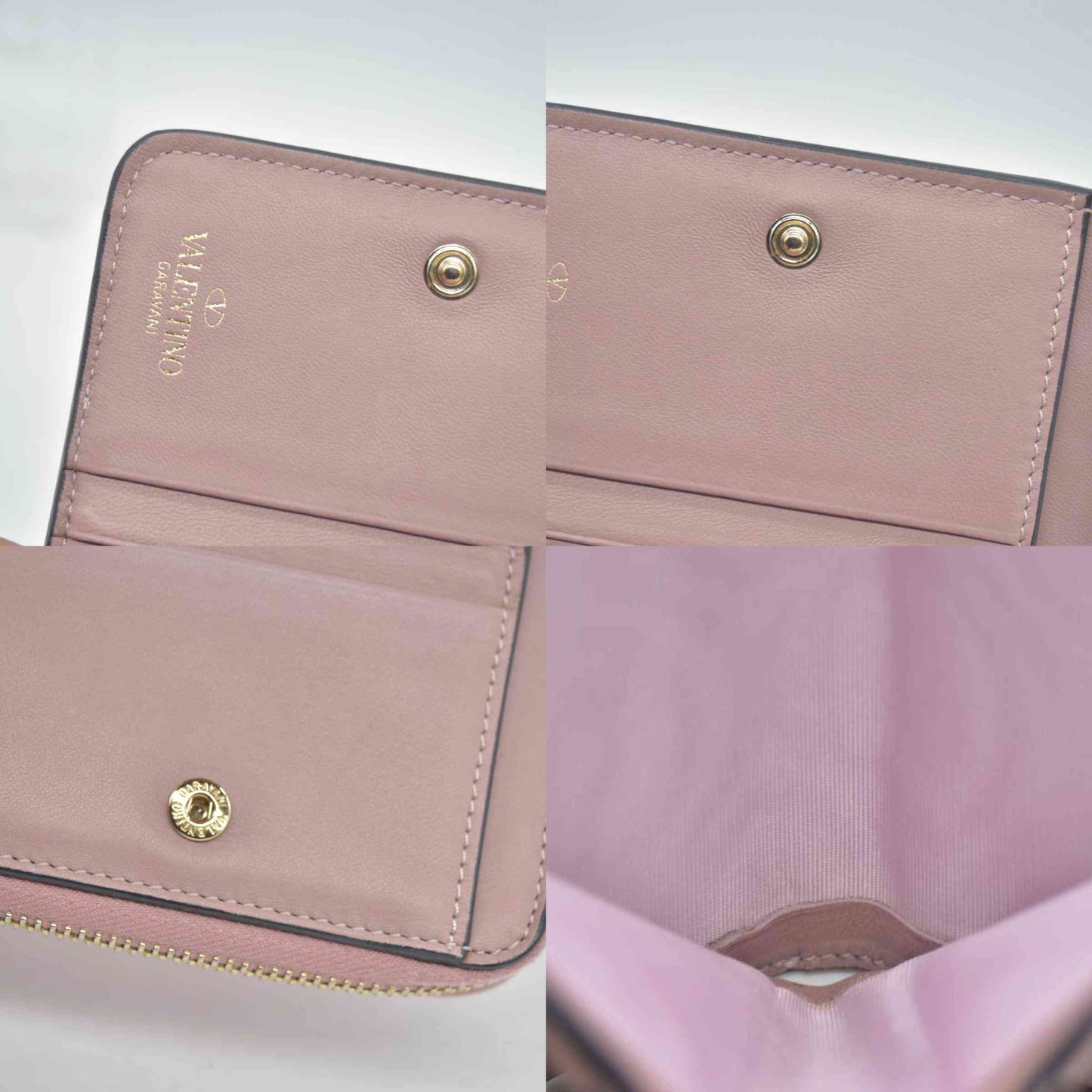 $775 VALENTINO Garavani Nappa Rockstud Spike Compact Zip Around Wallet Metallic Pink