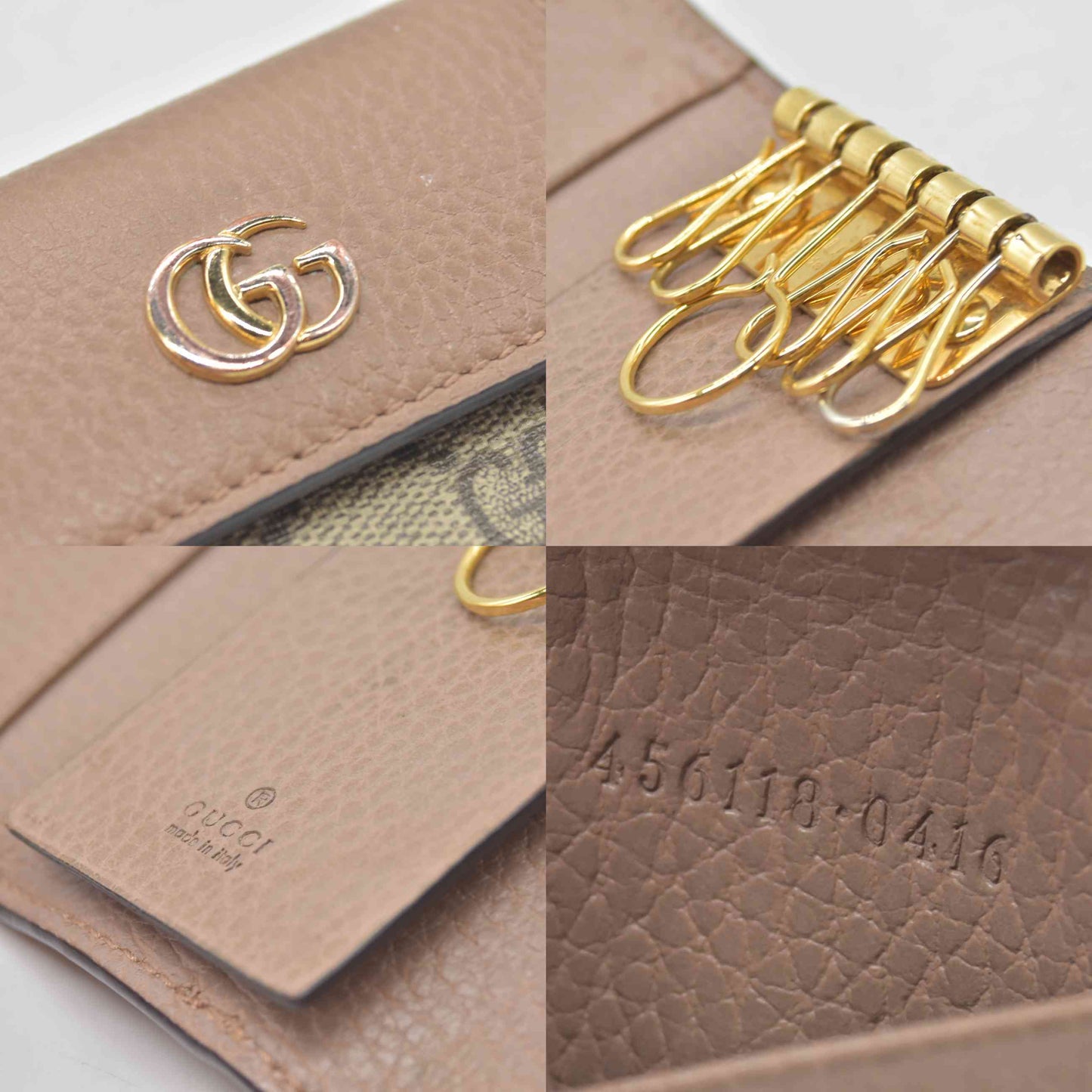$350 GUCCI GG Dollar Calfskin GG Supreme Monogram GG Marmont 6 Key Holder Case Old Rose Beige Ebony