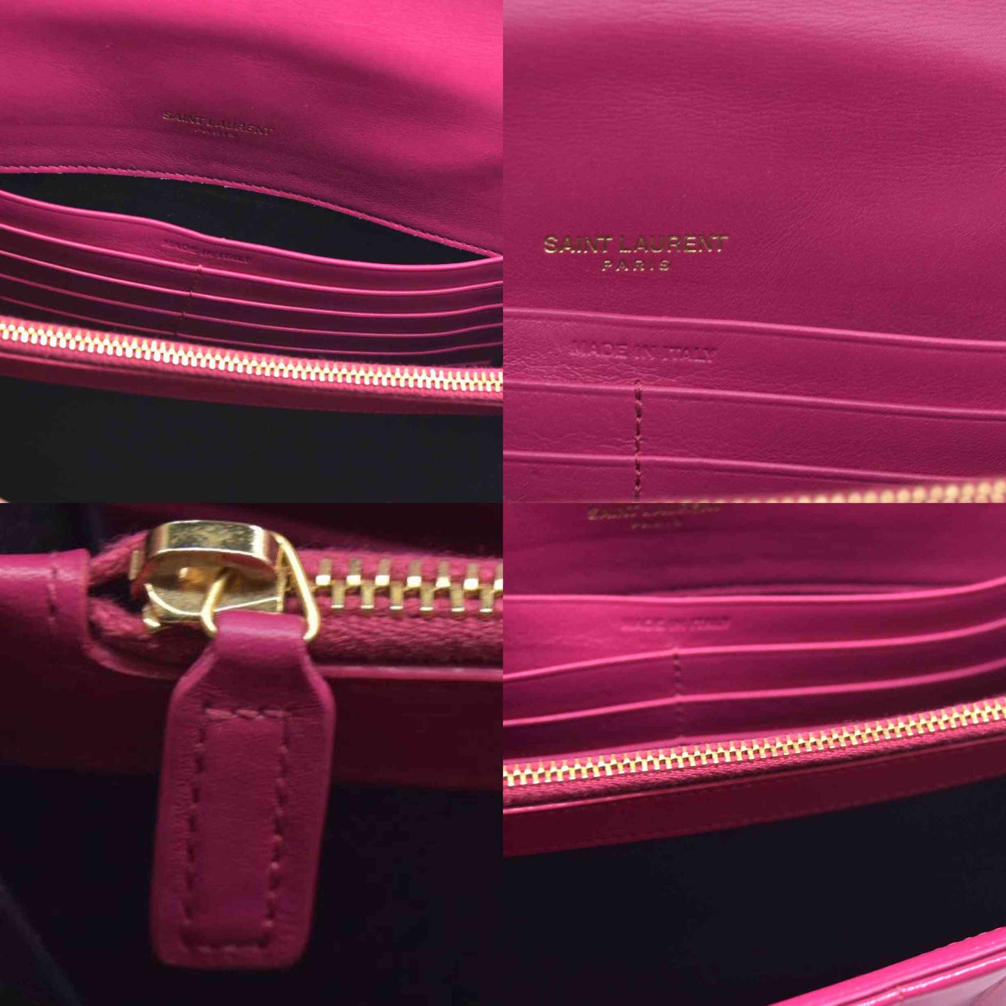 $1750 Saint Laurent Patent Leather Matelasse Monogram Vicky Chain Wallet  Pink
