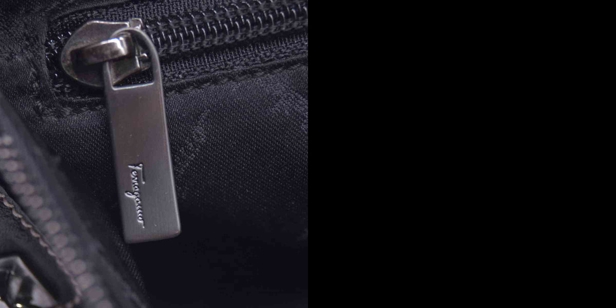 $1050 SALVATORE FERRAGAMO Pebbled Leather Charm Detail East West Tote Bag Black CONSIGNMENT 10021245