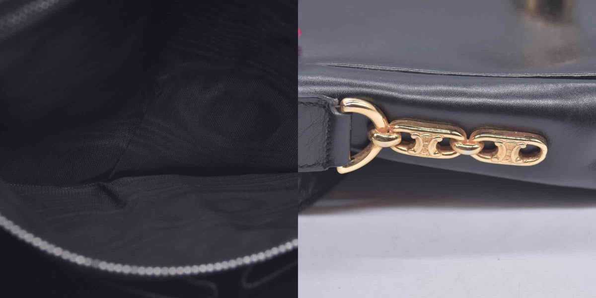 $1850 CELINE Vintage Box Calfskin Triomphe Chain Flap Shoulder Bag Black CONSIGNMENT 10021246