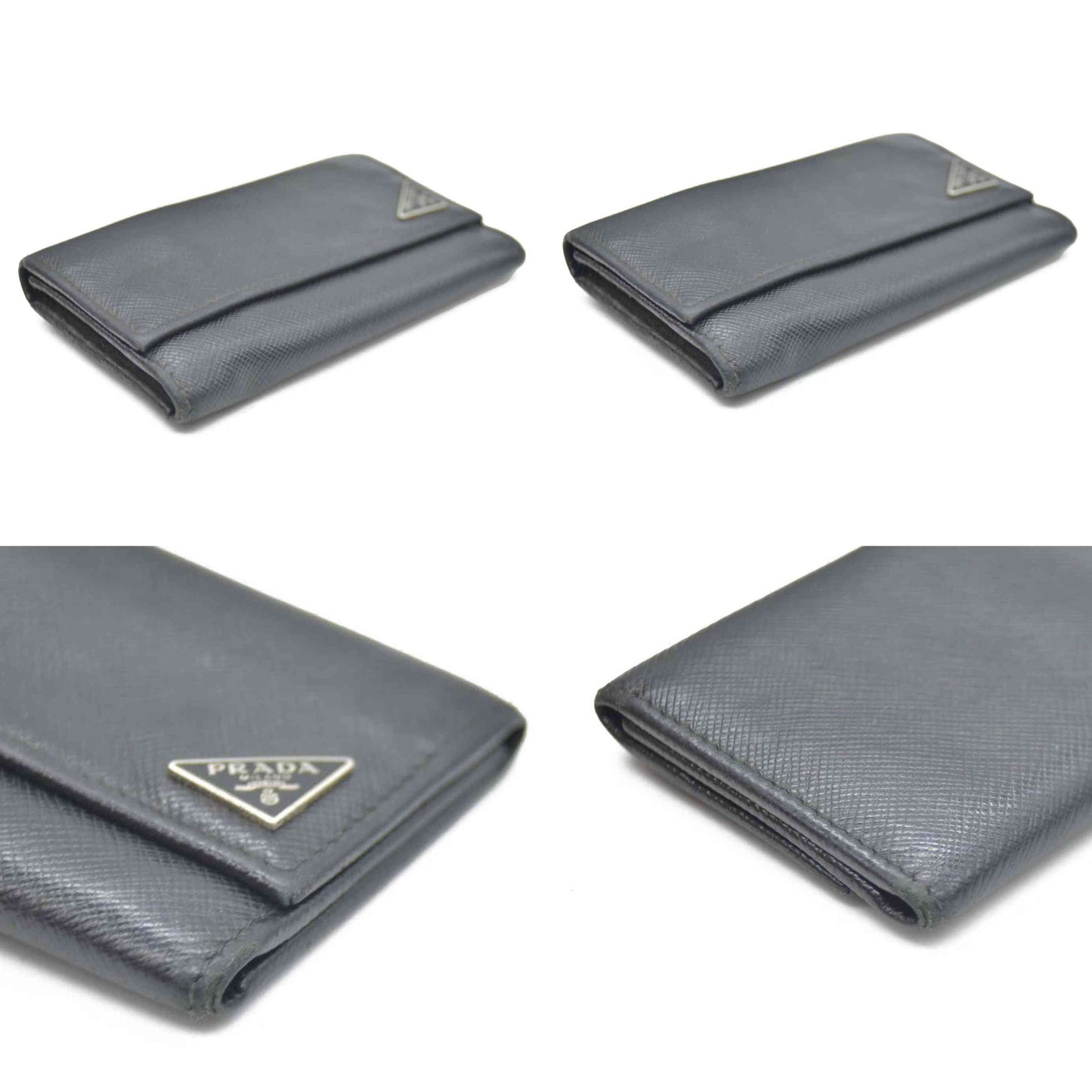 PRADA Logo Plate Saffiano Leather 6 Ring Key Case Black