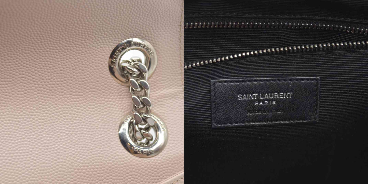 $3200 Saint Laurent Grain De Poudre Textured Mixed Matelasse Large Triquilt Monogram Satchel Light Pink