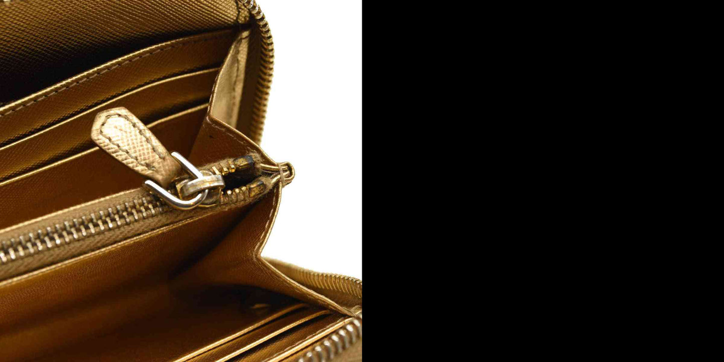 Prada Saffiano Zip Around Wallet Metallic Gold