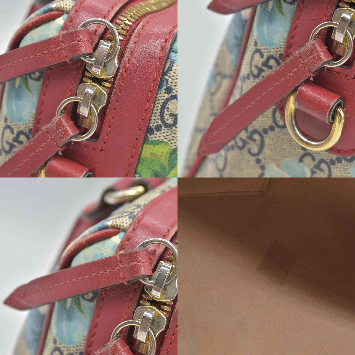 $1390 Gucci GG Supreme Monogram Blooms Small Boston Beige Blue Navy Hibiscus Red