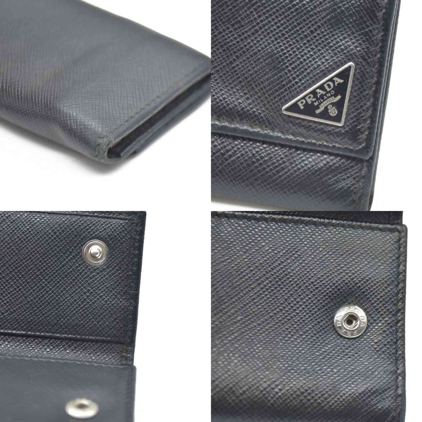 PRADA Logo Plate Saffiano Leather 6 Ring Key Case Black