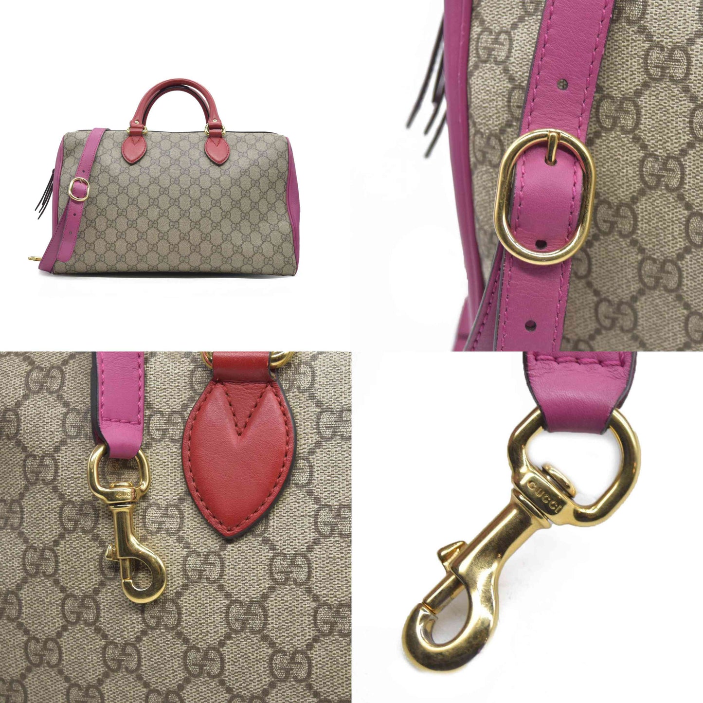 $2980 Gucci GG Supreme Monogram Moon Calfskin Small Boston Beige Ebony Hibiscus Red New Rosette