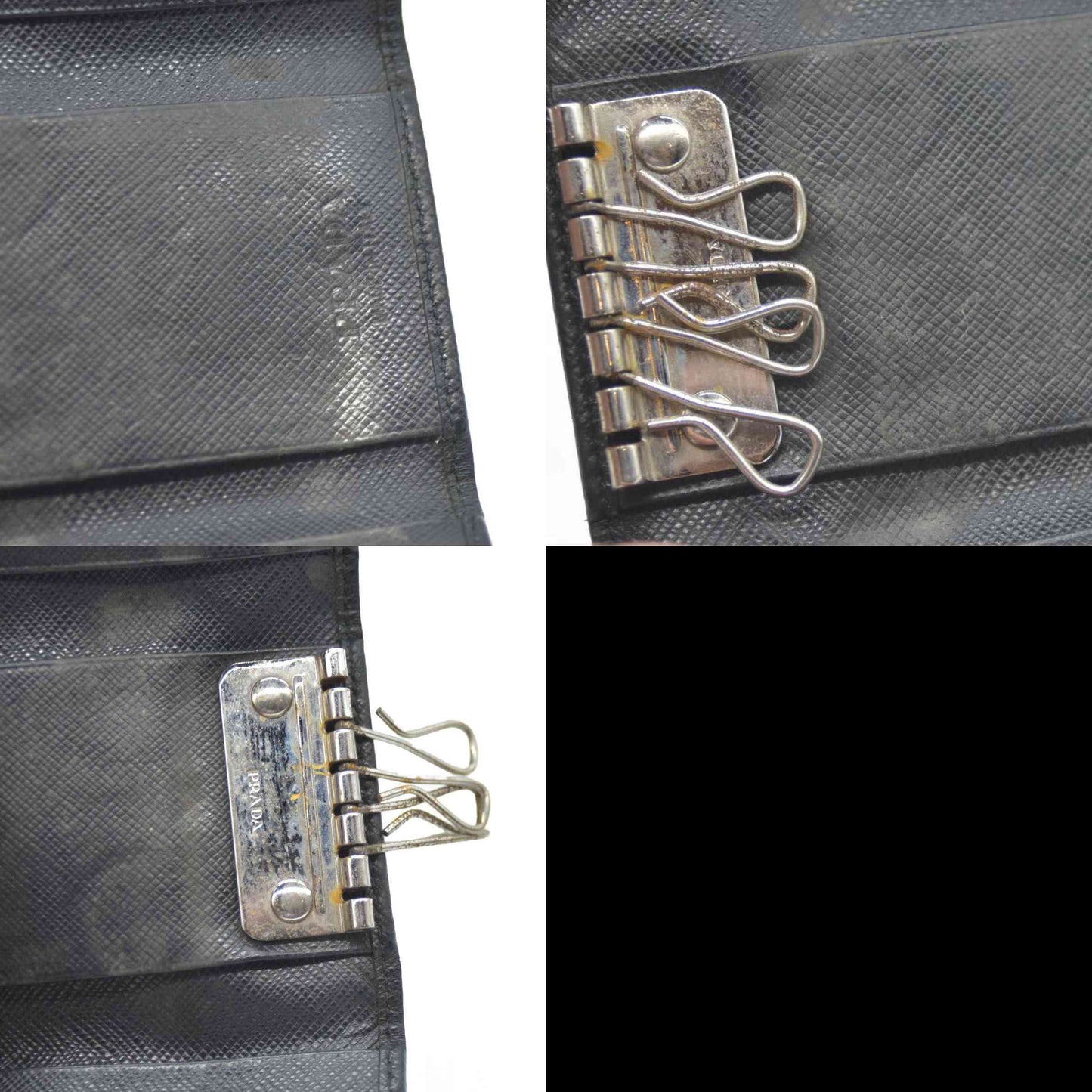 PRADA Logo Plate Saffiano Leather 6 Ring Key Case Black