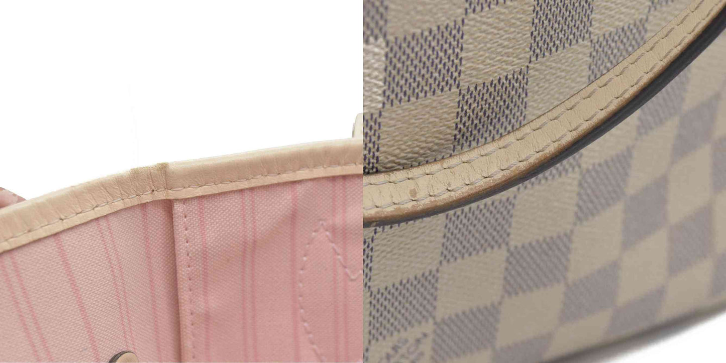$2600 Louis Vuitton Damier Azur Bandouliere Neverfull MM Rose Ballerine Braided Strap White Leather