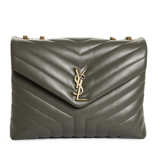 NEW SAINT LAURENT Calfskin Y Quilted Monogram Medium Loulou Chain Satchel Storm