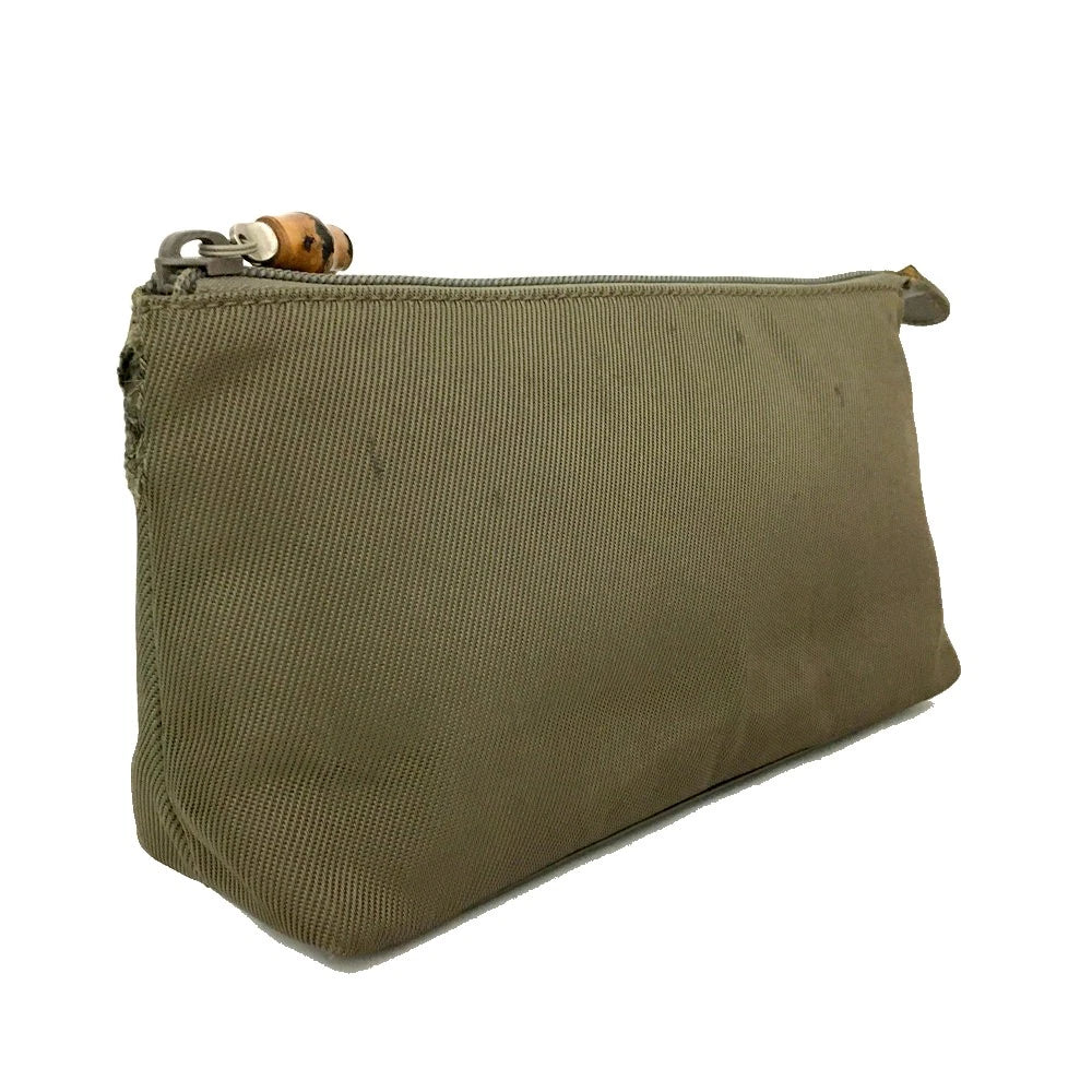 GUCCI Bamboo Canvas Cosmetic Pouch Bag Khaki