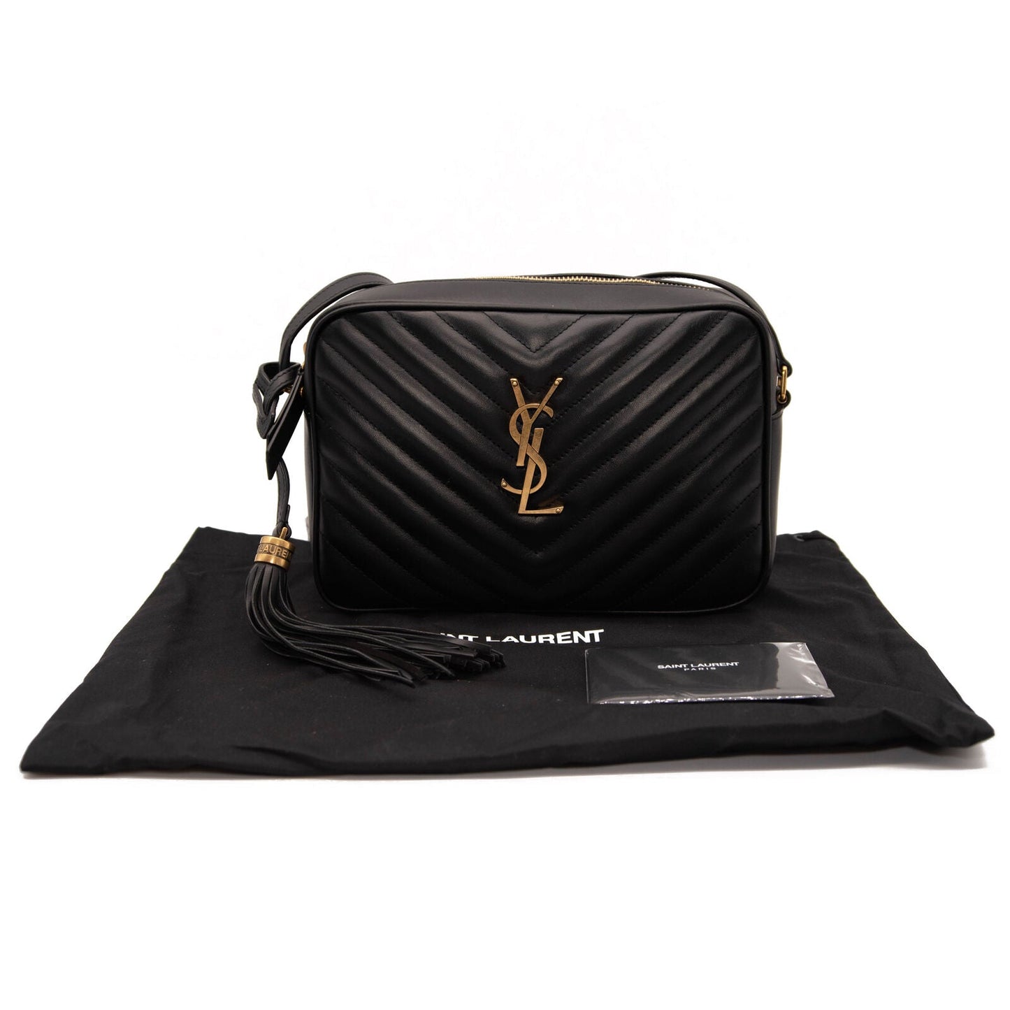 NEW Saint Laurent Calfskin Matelasse Monogram Lou Camera Bag Black Tassel