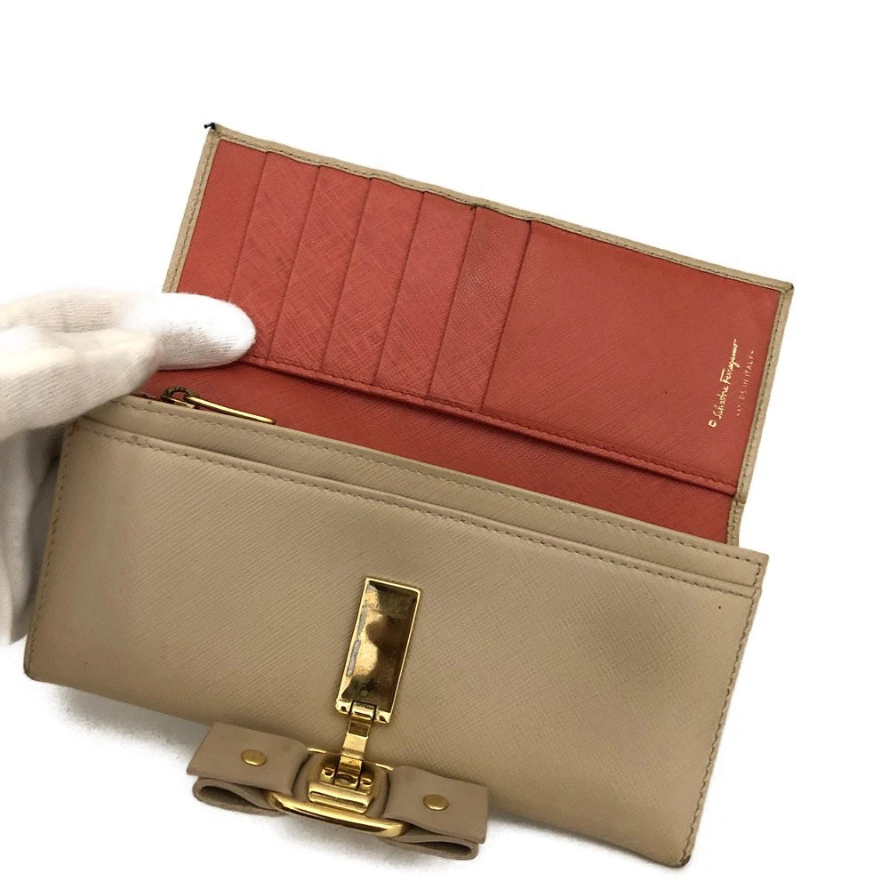 Salvatore Ferragamo Vara Ribbon Leather Long Bifold Wallet Beige