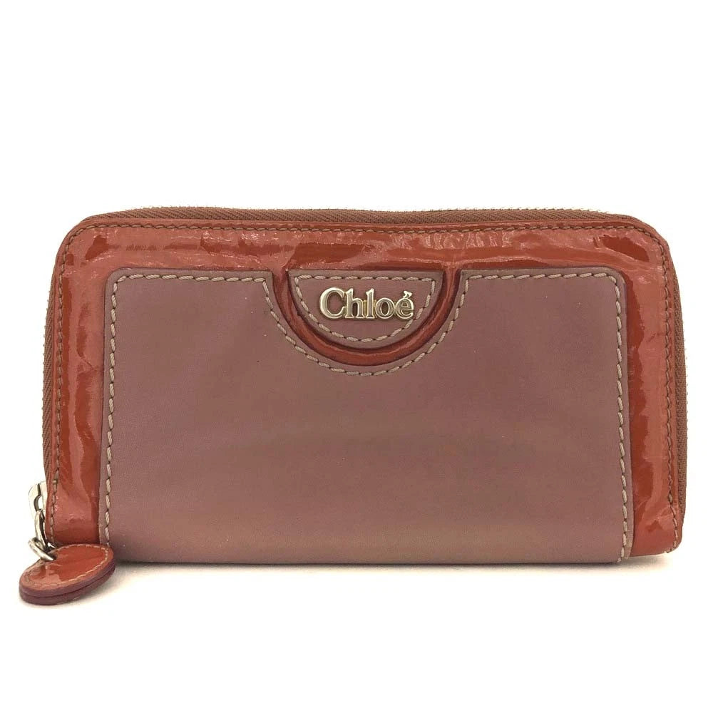 Chloe Logo Leather/Patent Zip Around Long Wallet Purse Bicolor