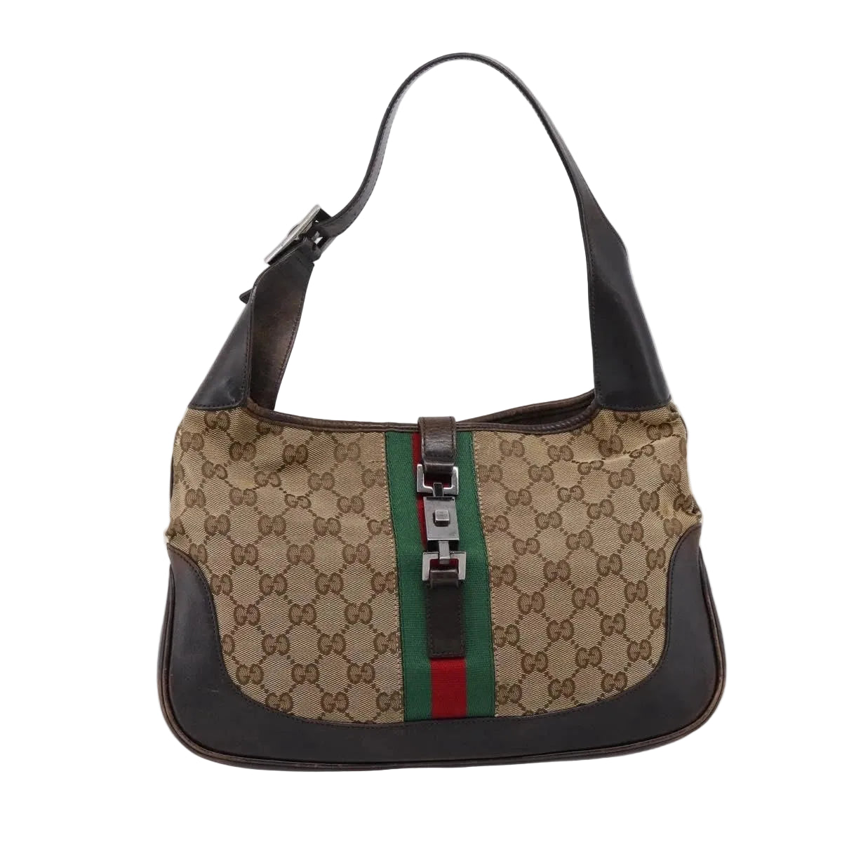 $1400 Gucci Web Jackie Leather and Canvas Supreme Hobo