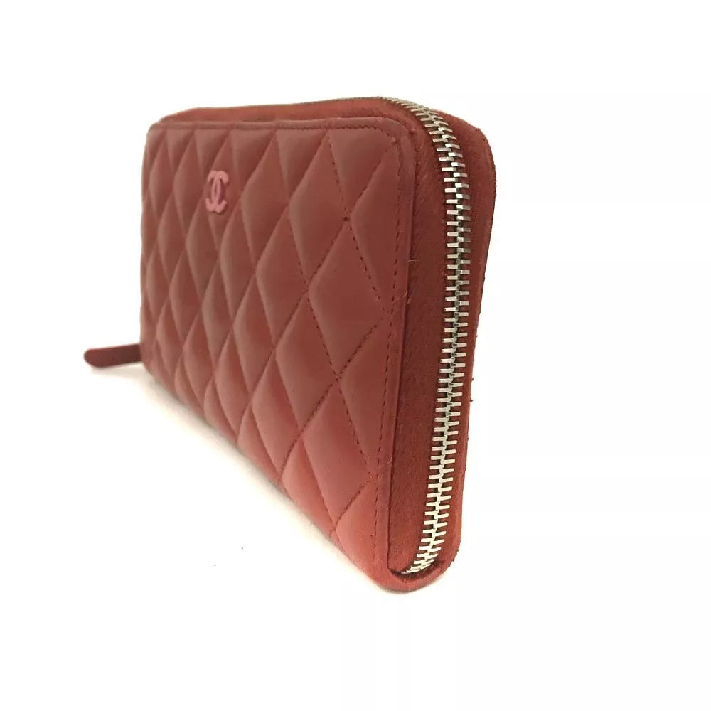 Chanel  Lambskin Quilted Large Gusset Zip Around Wallet Red