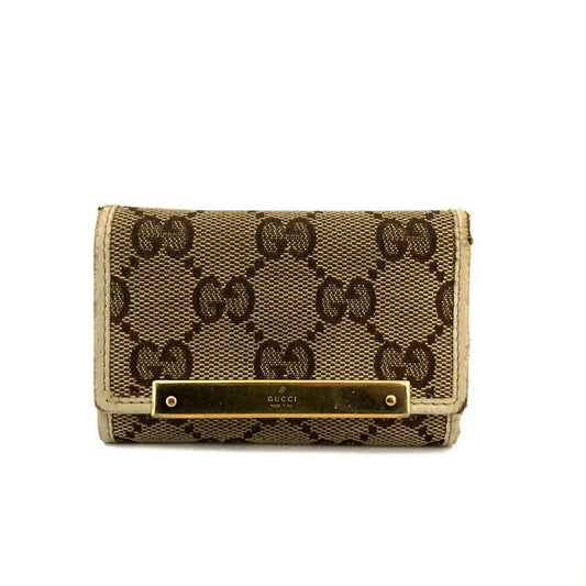 GUCCI Logo Plate GG Logo Canvas 6 Ring Key Case Beige
