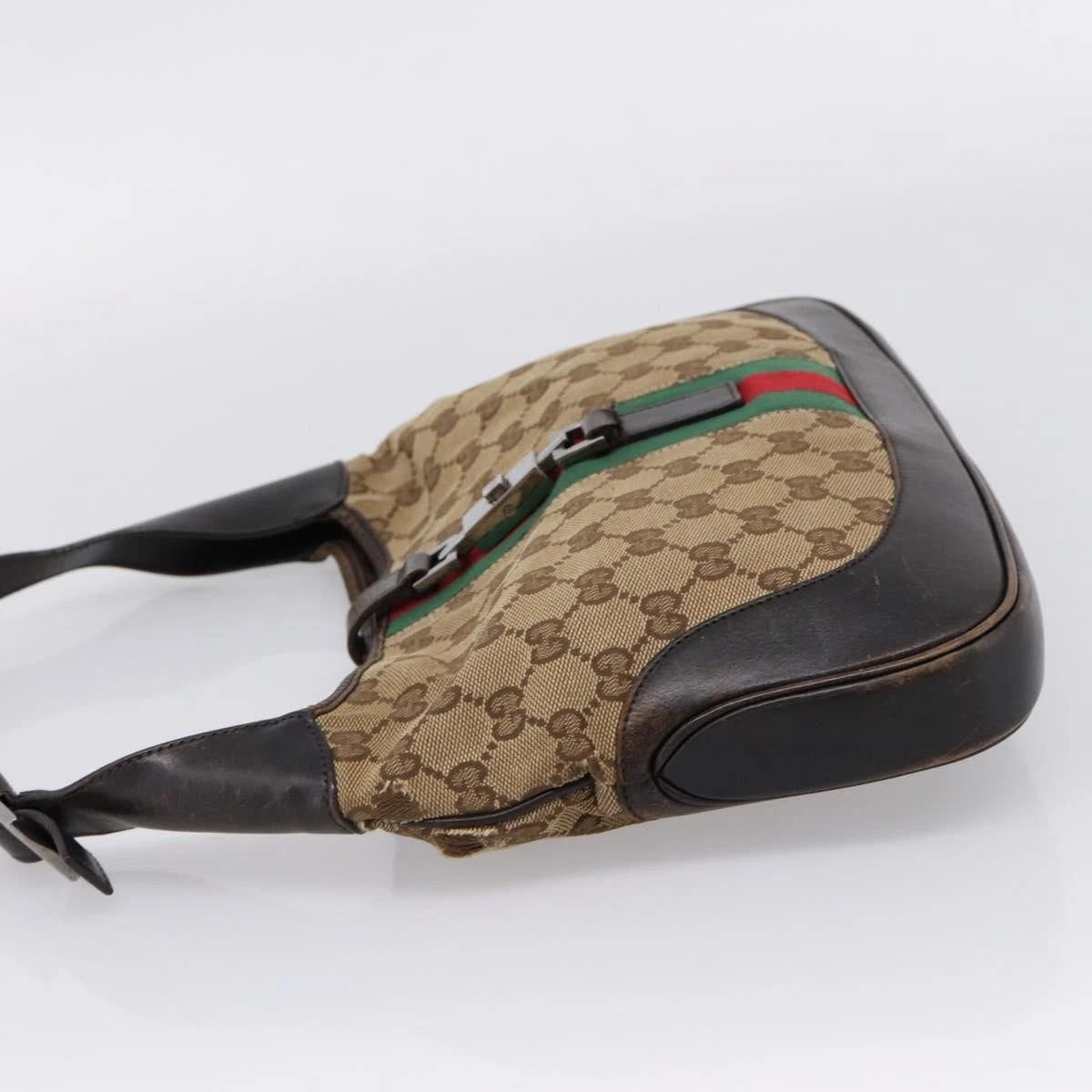 $1400 Gucci Web Jackie Leather and Canvas Supreme Hobo