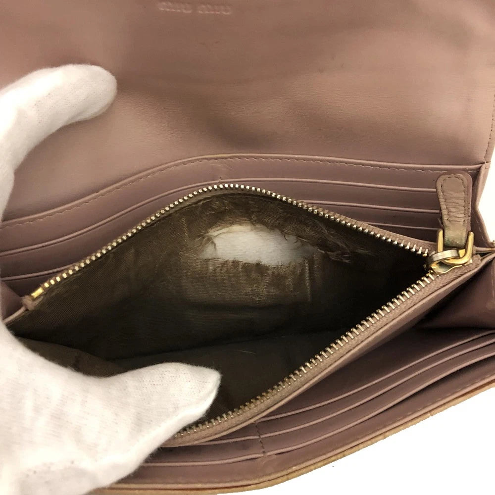 MIU MIU Logo Embossed Leather Long Bifold Wallet Beige