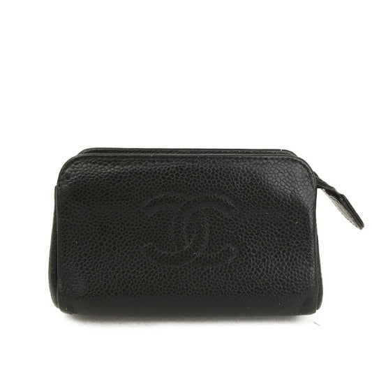 CHANEL CC Logo Grained Calfskin Cosmetic Pouch Bag Black