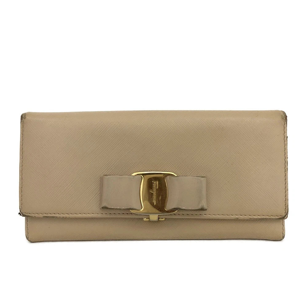 Salvatore Ferragamo Vara Ribbon Leather Long Bifold Wallet Beige