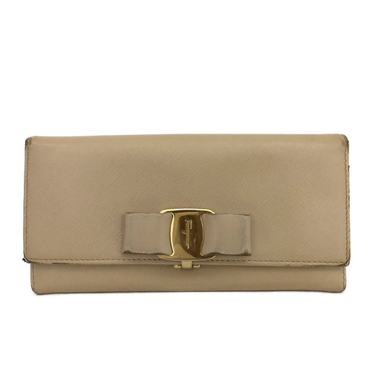 Salvatore Ferragamo Vara Ribbon Leather Long Bifold Wallet Beige