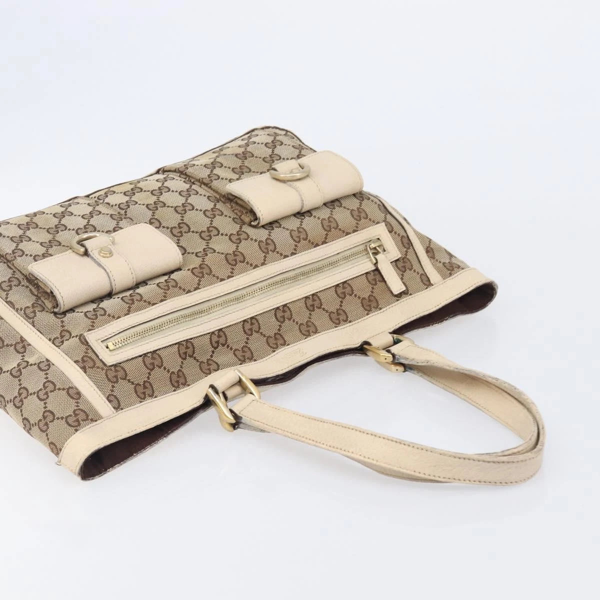 $1050 Gucci Beige/White GG Canvas Abbey Pocket Tote Bag
